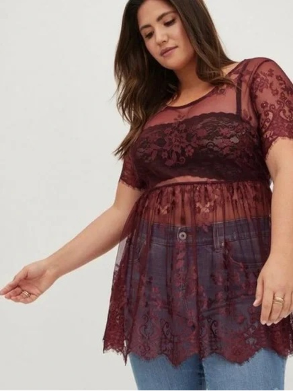 TORRID Women's 3X Babydoll Top Stretch Lace Wine Burgundy Scoop Neck Sheer